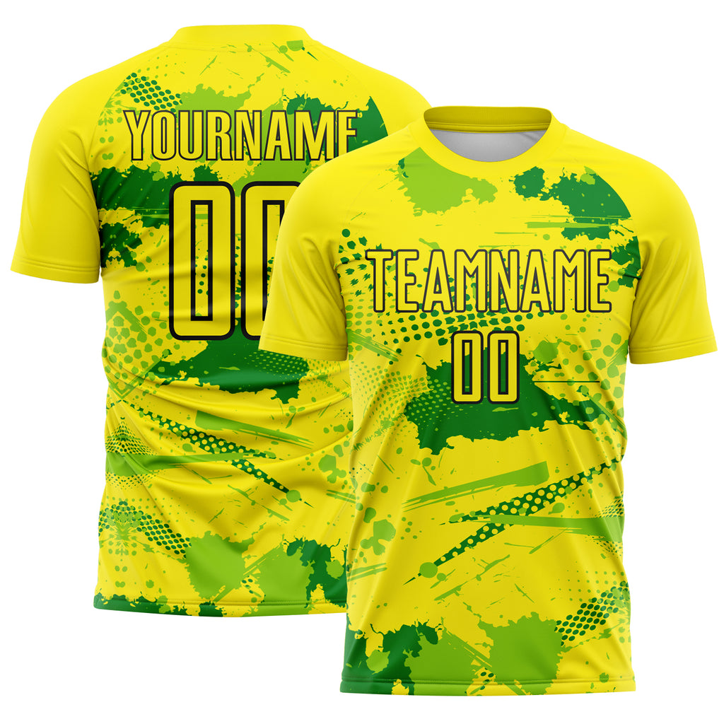 Custom Light Yellow Grass Green Neon Green-Black Paint Splatter Halftone Dot Australia Style Sublimation Soccer Uniform Jersey