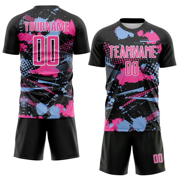 Custom Black Pink Light Blue-White Paint Splatter Halftone Dot Sublimation Soccer Uniform Jersey