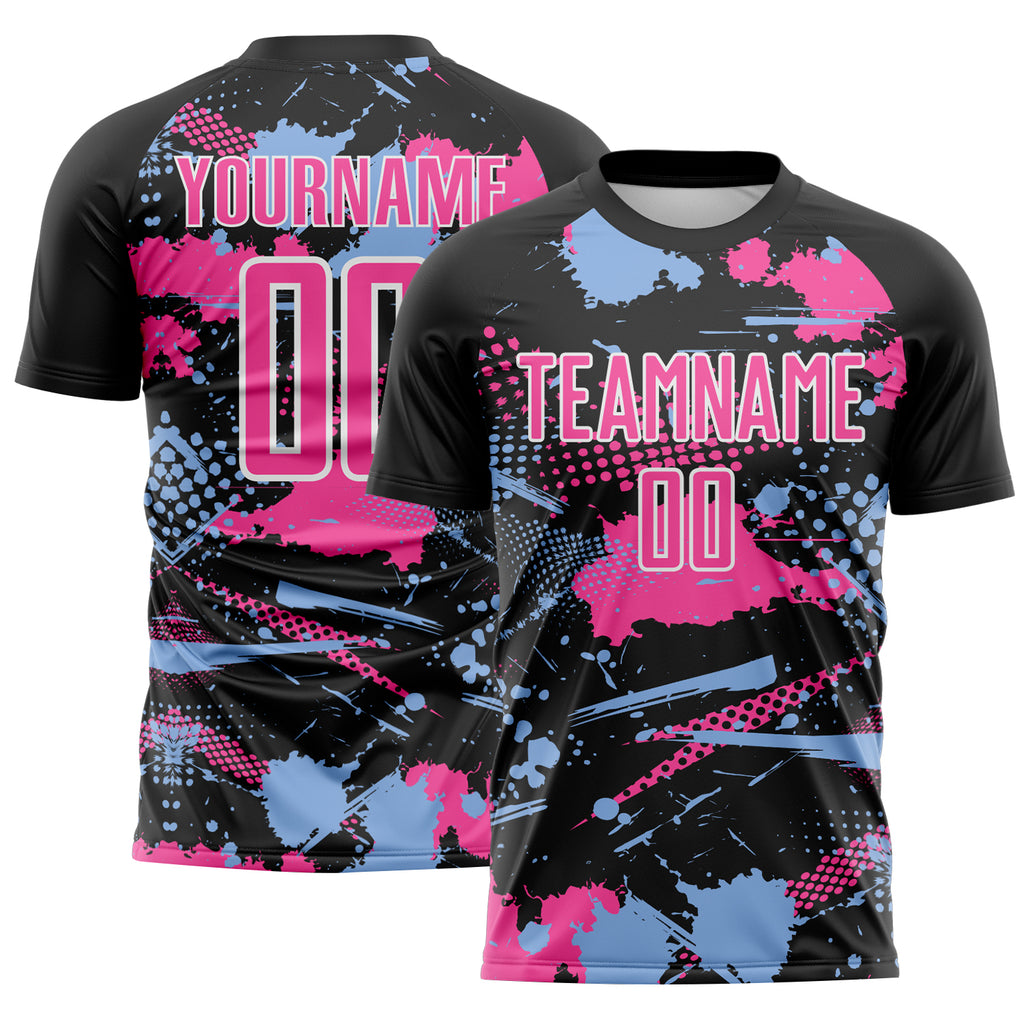 Custom Black Pink Light Blue-White Paint Splatter Halftone Dot Sublimation Soccer Uniform Jersey
