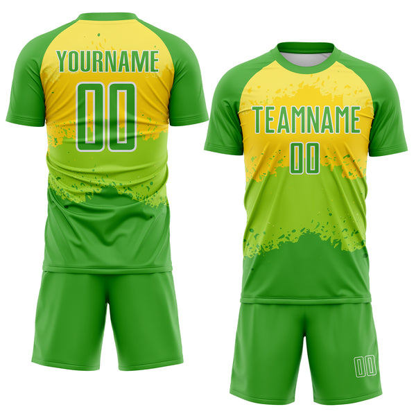 Custom Neon Green Light Yellow-White Watercolor Gradient Splatter Australia Style Sublimation Soccer Uniform Jersey