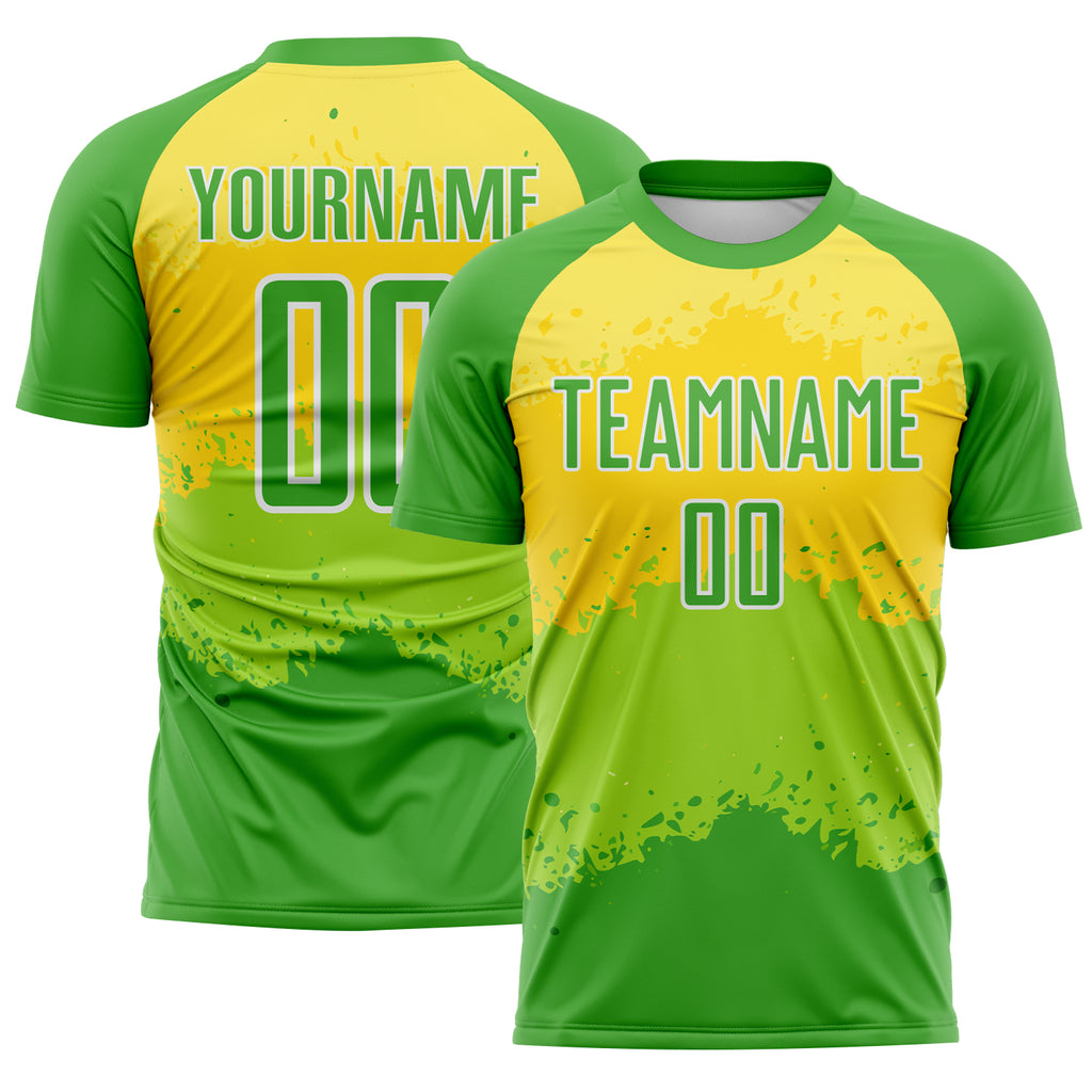 Custom Neon Green Light Yellow-White Watercolor Gradient Splatter Australia Style Sublimation Soccer Uniform Jersey