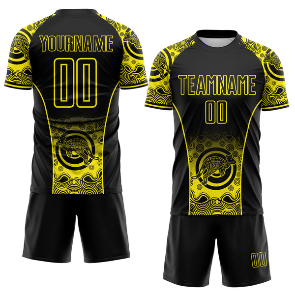 Custom Black-Light Yellow Australia Kangaroo Aboriginal Dot Art Sublimation Soccer Uniform Jersey