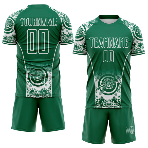 Custom Kelly Green-White Australia Kangaroo Aboriginal Dot Art Australia Kangaroo Sublimation Soccer Uniform Jersey