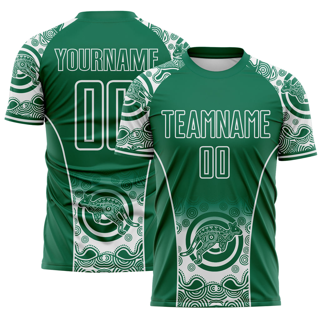 Custom Kelly Green-White Australia Kangaroo Aboriginal Dot Art Australia Kangaroo Sublimation Soccer Uniform Jersey