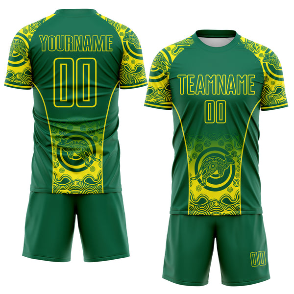 Custom Kelly Green-Light Yellow Australia Kangaroo Aboriginal Dot Art Australia Kangaroo Sublimation Soccer Uniform Jersey