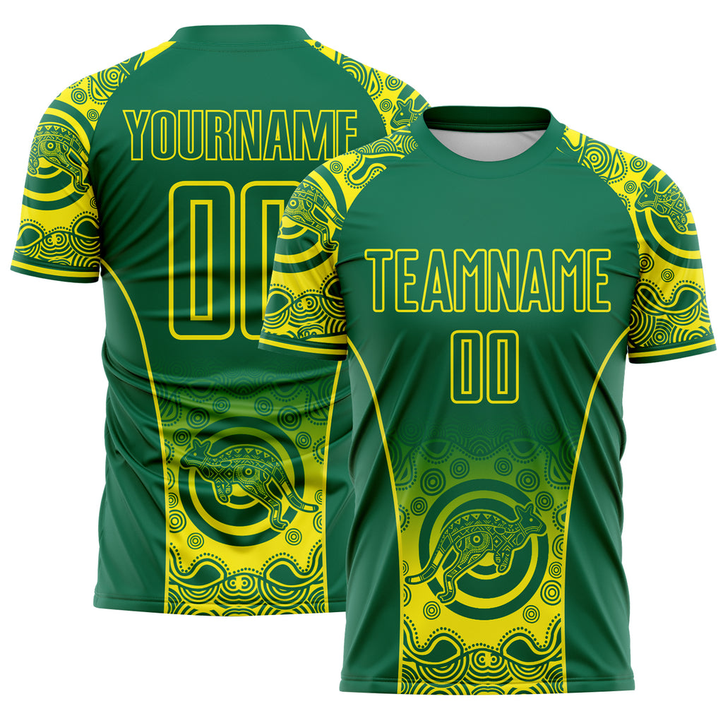 Custom Kelly Green-Light Yellow Australia Kangaroo Aboriginal Dot Art Australia Kangaroo Sublimation Soccer Uniform Jersey