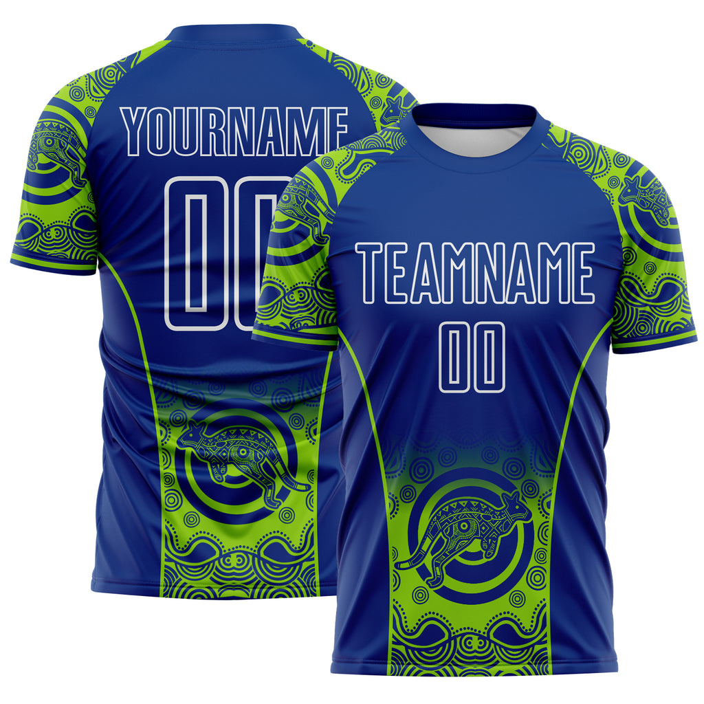 Custom Royal Neon Green-White Australia Kangaroo Aboriginal Dot Art Australia Kangaroo Sublimation Soccer Uniform Jersey