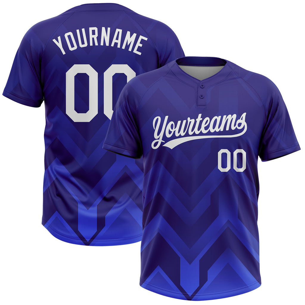 Custom Purple White-Royal 3D Pattern Two-Button Unisex Softball Jersey