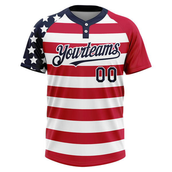 Custom White Navy-Red 3D American Flag Fashion Two-Button Unisex Softball Jersey