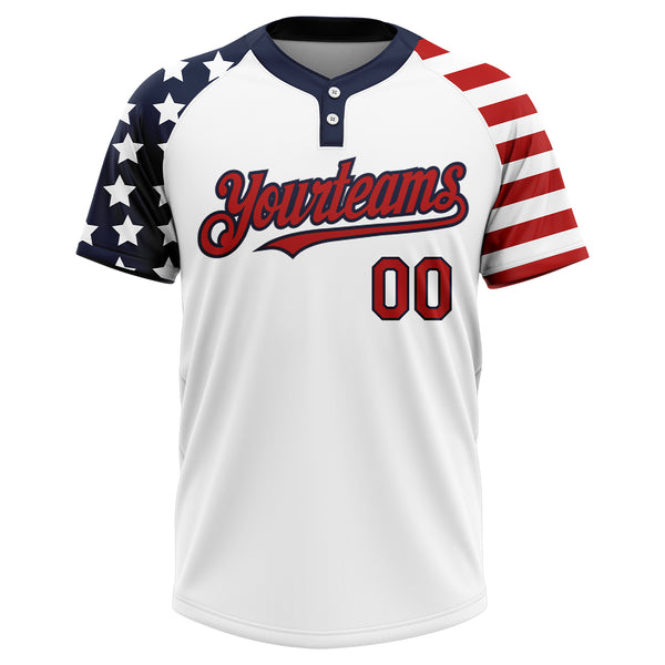 Custom White Red-Navy 3D American Flag Fashion Two-Button Unisex Softball Jersey