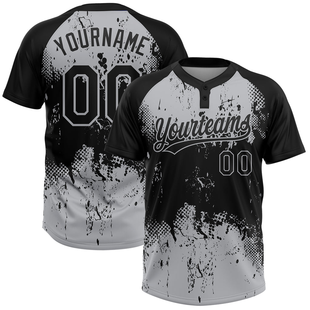 Custom Black Gray 3D Pattern Abstract Splatter Grunge Art Two-Button Unisex Softball Jersey