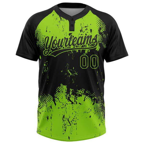 Custom Black Neon Green 3D Pattern Abstract Splatter Grunge Art Two-Button Unisex Softball Jersey