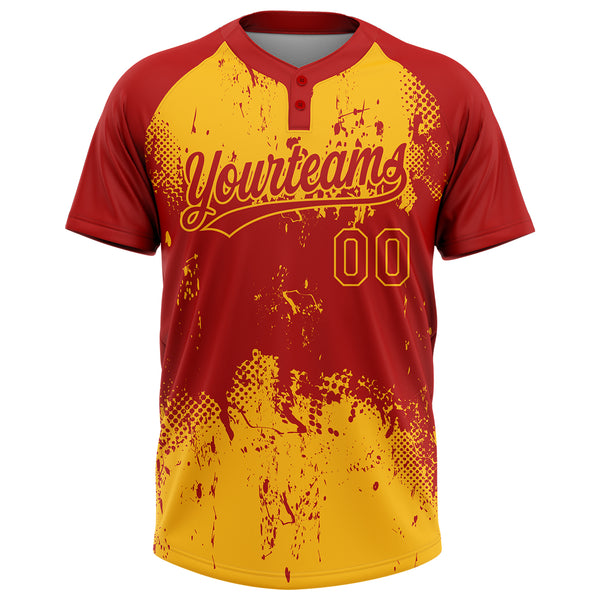 Custom Red Gold 3D Pattern Abstract Splatter Grunge Art Two-Button Unisex Softball Jersey