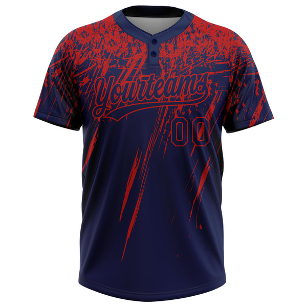 Custom Navy Red 3D Pattern Abstract Sharp Shape Two-Button Unisex Softball Jersey