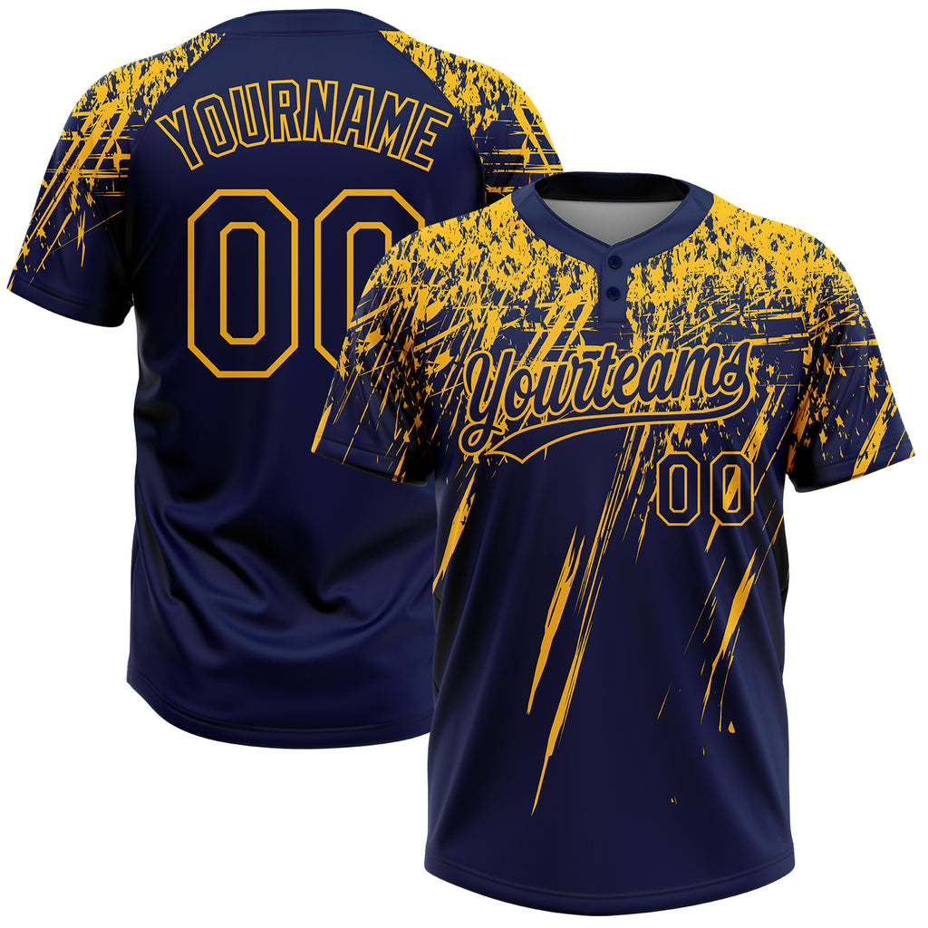 Custom Navy Gold 3D Pattern Abstract Sharp Shape Two-Button Unisex Softball Jersey