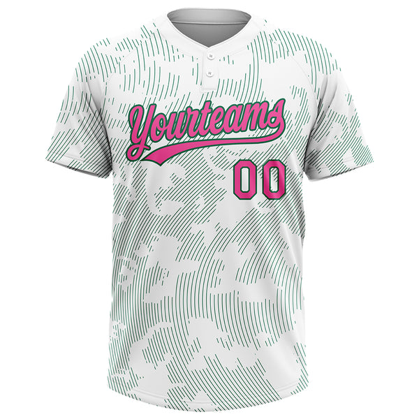 Custom White Pink-Kelly Green 3D Pattern Curve Lines Two-Button Unisex Softball Jersey