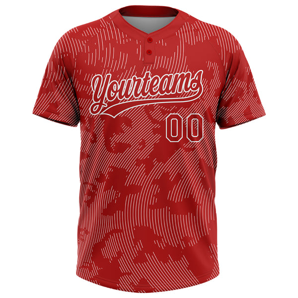 Custom Red White 3D Pattern Curve Lines Two-Button Unisex Softball Jersey