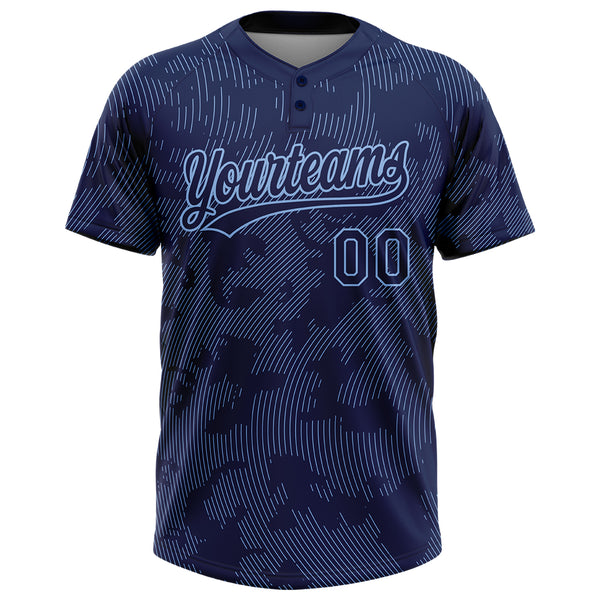 Custom Navy Light Blue 3D Pattern Curve Lines Two-Button Unisex Softball Jersey