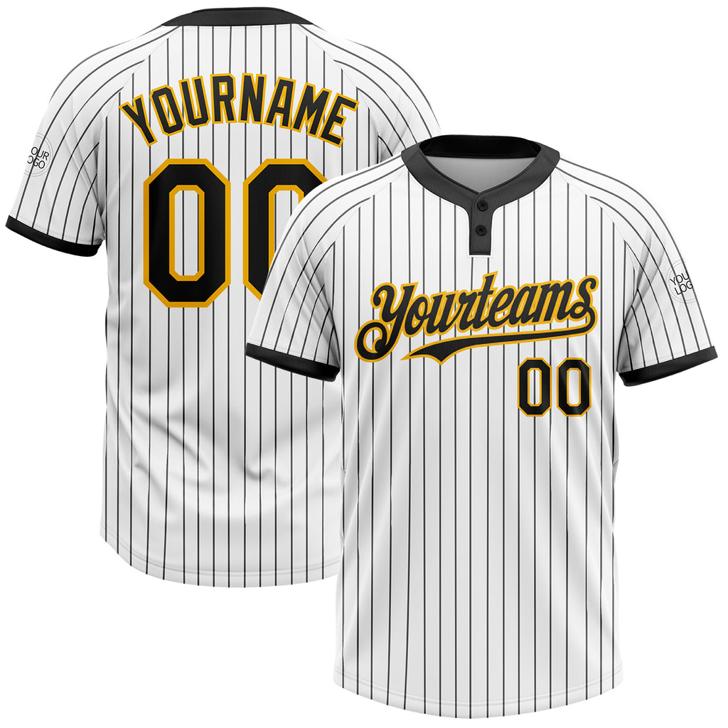 Custom White Black Pinstripe Gold Two-Button Unisex Softball Jersey