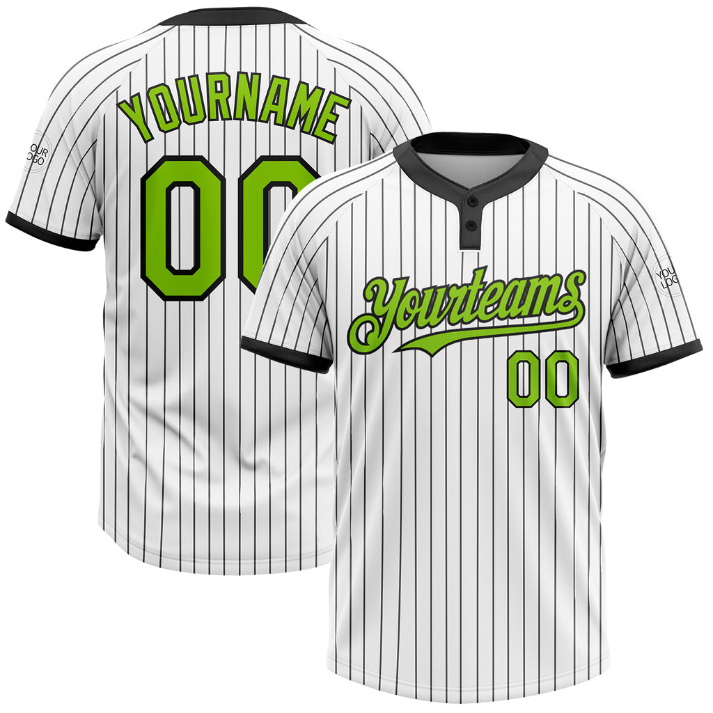 Custom White Black Pinstripe Neon Green Two-Button Unisex Softball Jersey