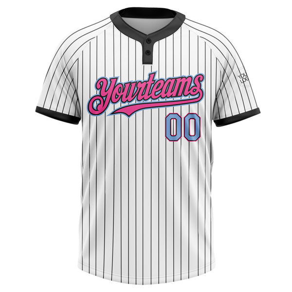 Custom White Black Pinstripe Light Blue-Pink Two-Button Unisex Softball Jersey