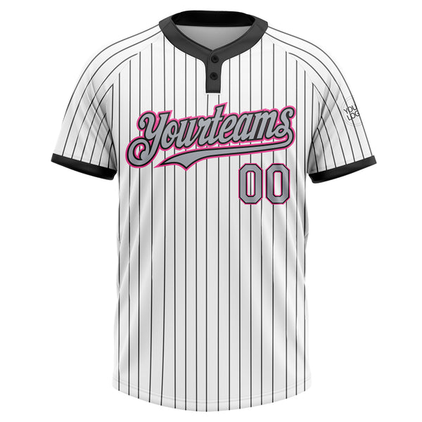 Custom White Black Pinstripe Gray-Pink Two-Button Unisex Softball Jersey