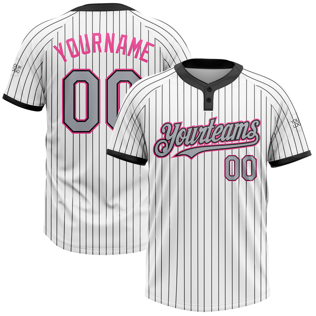 Custom White Black Pinstripe Gray-Pink Two-Button Unisex Softball Jersey