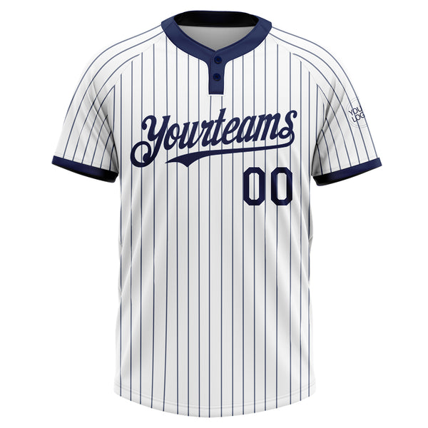 Custom White Navy Pinstripe Navy Two-Button Unisex Softball Jersey