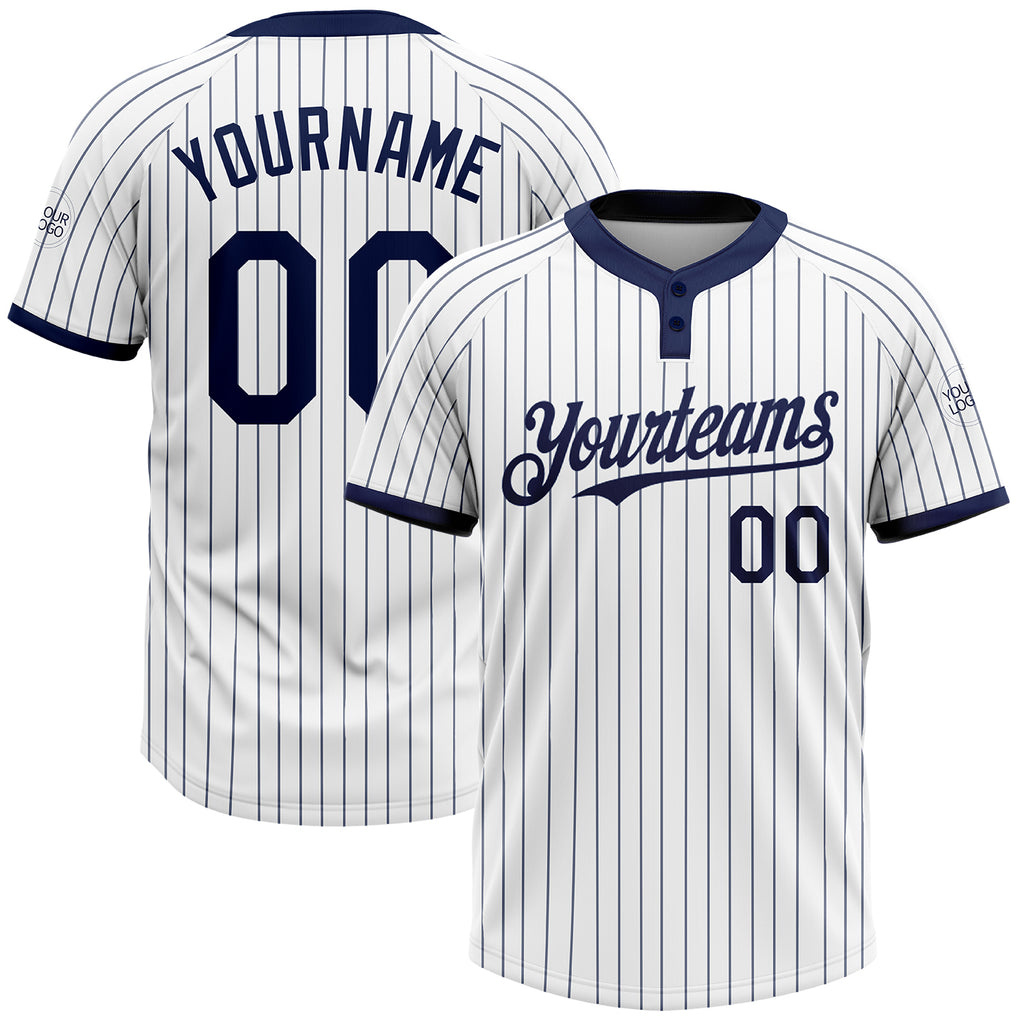 Custom White Navy Pinstripe Navy Two-Button Unisex Softball Jersey