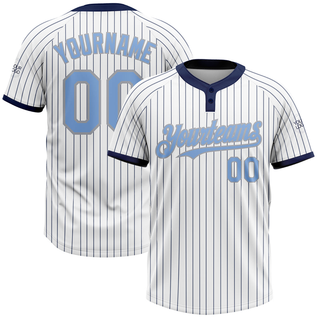 Custom White Navy Pinstripe Light Blue-Gray Two-Button Unisex Softball Jersey