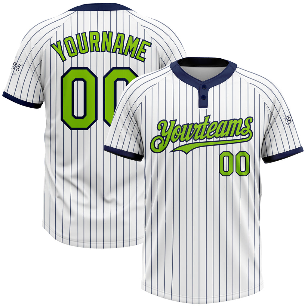 Custom White Navy Pinstripe Neon Green Two-Button Unisex Softball Jersey