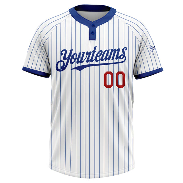 Custom White Royal Pinstripe Red Two-Button Unisex Softball Jersey