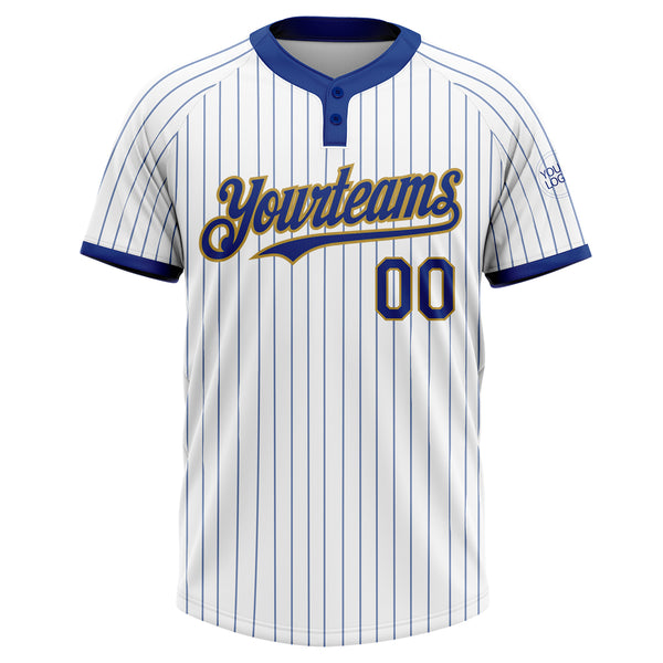 Custom White Royal Pinstripe Old Gold Two-Button Unisex Softball Jersey