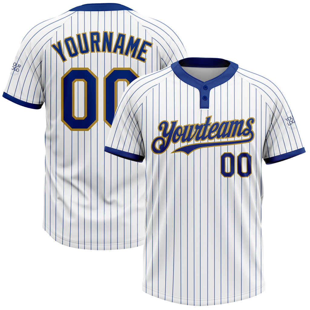 Custom White Royal Pinstripe Old Gold Two-Button Unisex Softball Jersey