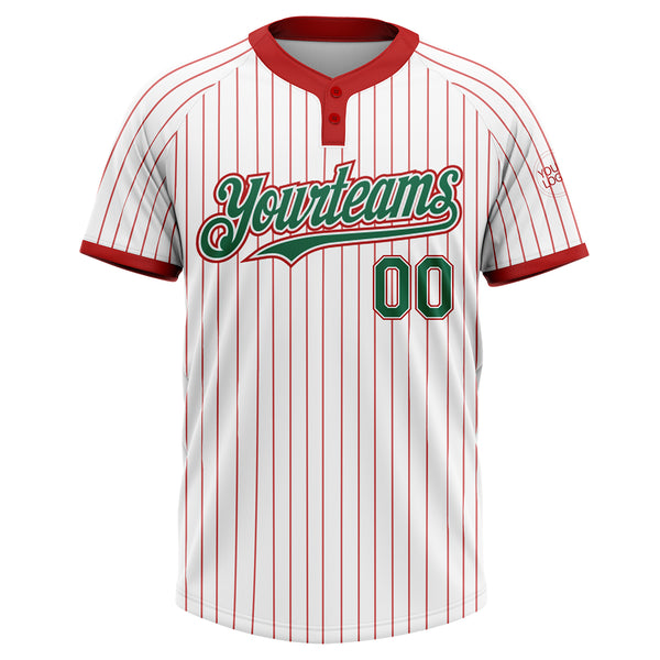 Custom White Red Pinstripe Kelly Green Two-Button Unisex Softball Jersey