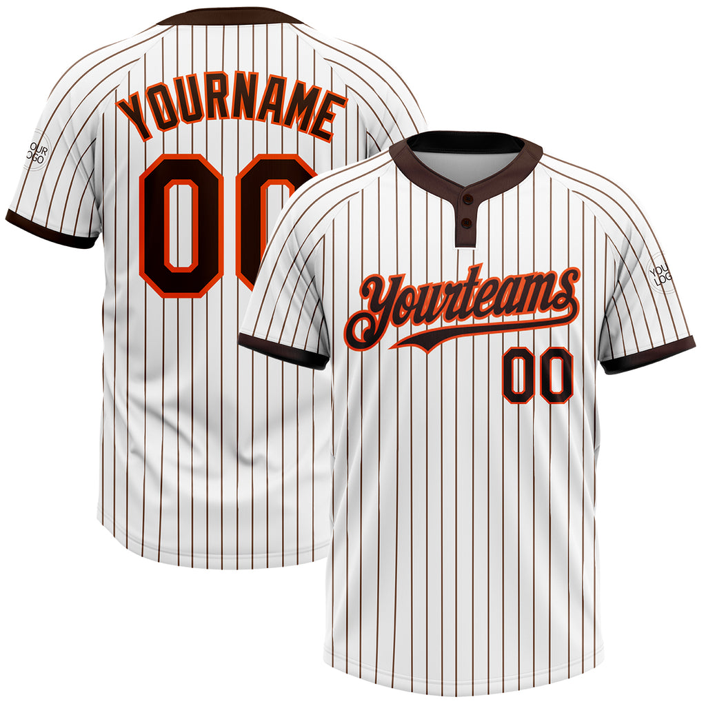 Custom White Brown Pinstripe Orange Two-Button Unisex Softball Jersey