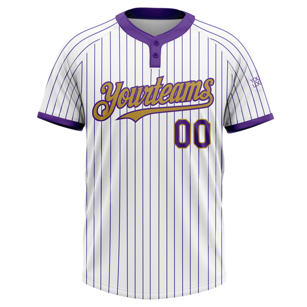 Custom White Purple Pinstripe Old Gold Two-Button Unisex Softball Jersey