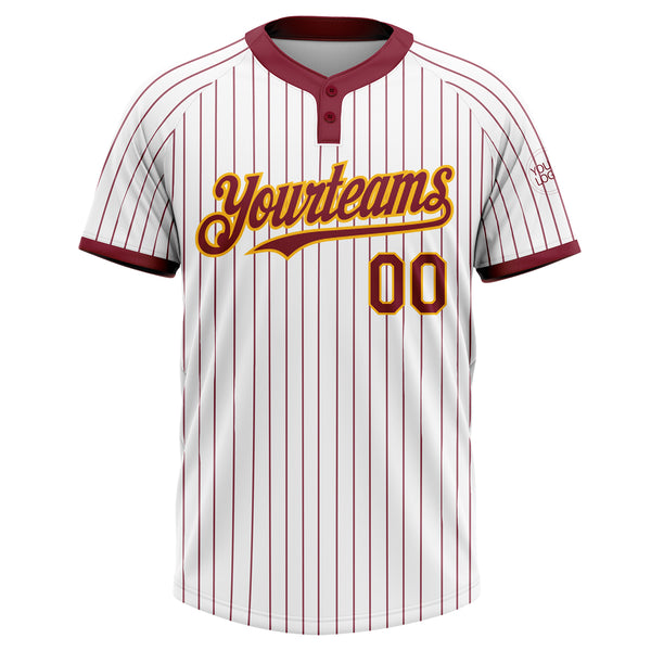 Custom White Crimosn Pinstripe Gold Two-Button Unisex Softball Jersey