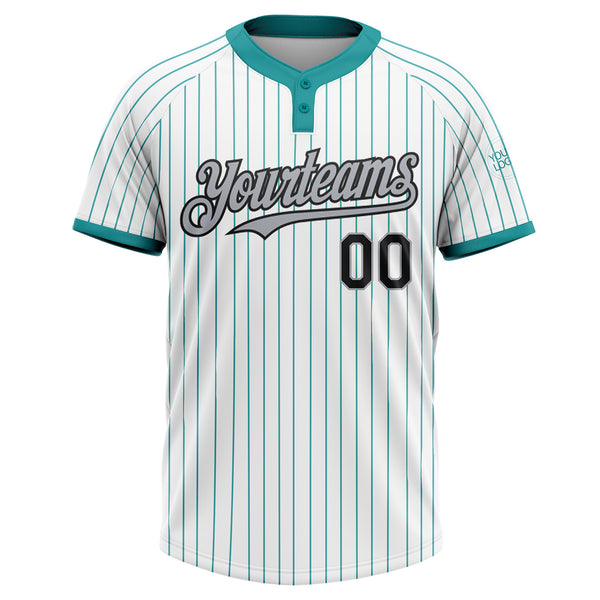 Custom White Teal Pinstripe Black-Gray Two-Button Unisex Softball Jersey