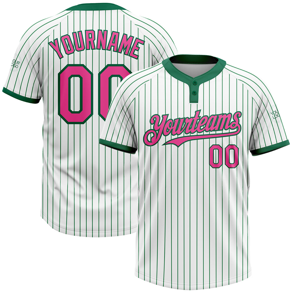 Custom White Kelly Green Pinstripe Pink Two-Button Unisex Softball Jersey