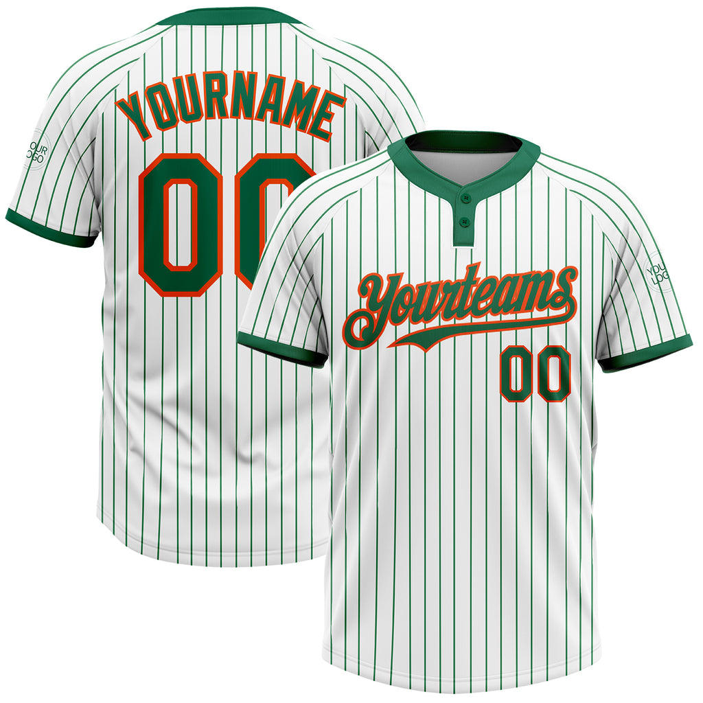 Custom White Kelly Green Pinstripe Orange Two-Button Unisex Softball Jersey