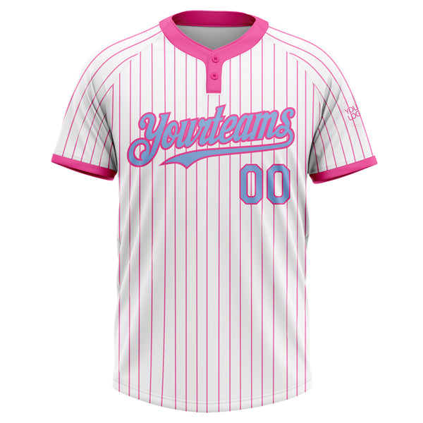 Custom White Pink Pinstripe Light Blue Two-Button Unisex Softball Jersey