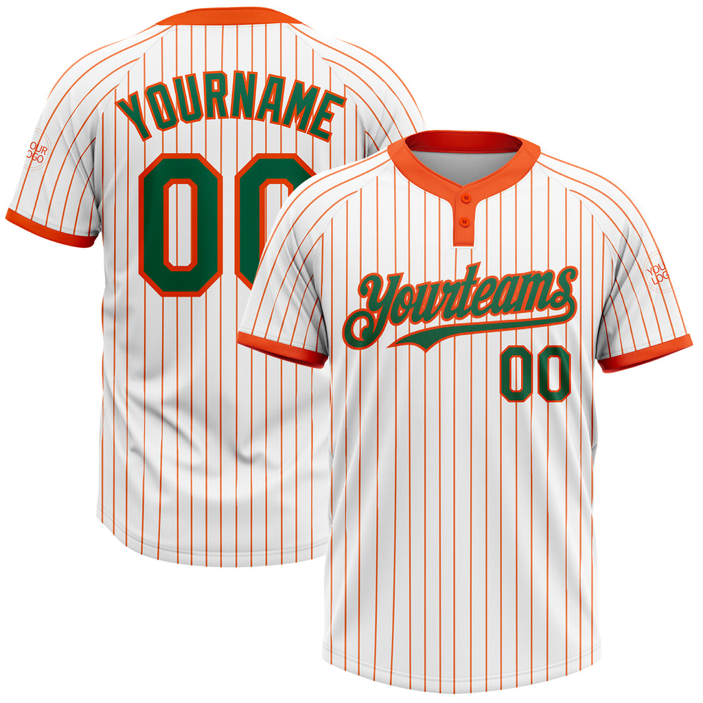 Custom White Orange Pinstripe Kelly Green Two-Button Unisex Softball Jersey