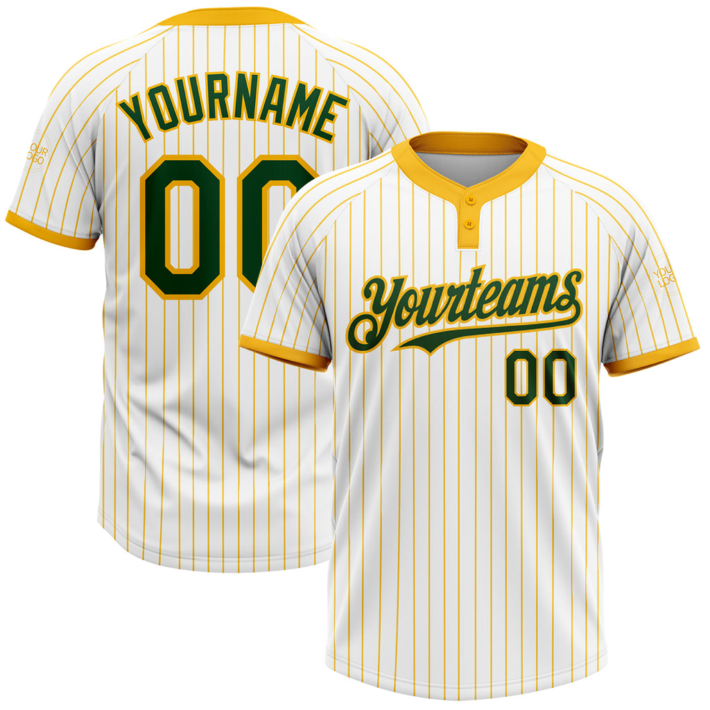 Custom White Gold Pinstripe Green Two-Button Unisex Softball Jersey