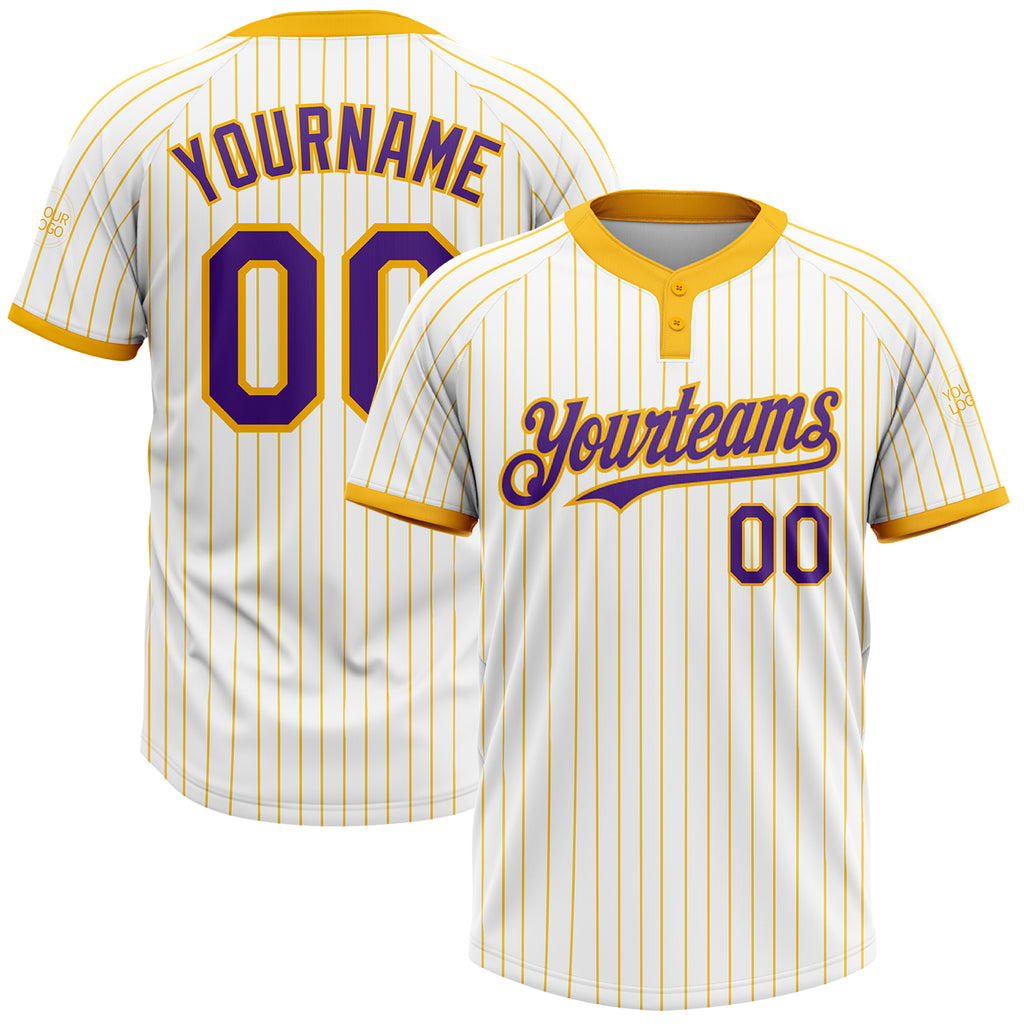 Custom White Gold Pinstripe Purple Two-Button Unisex Softball Jersey