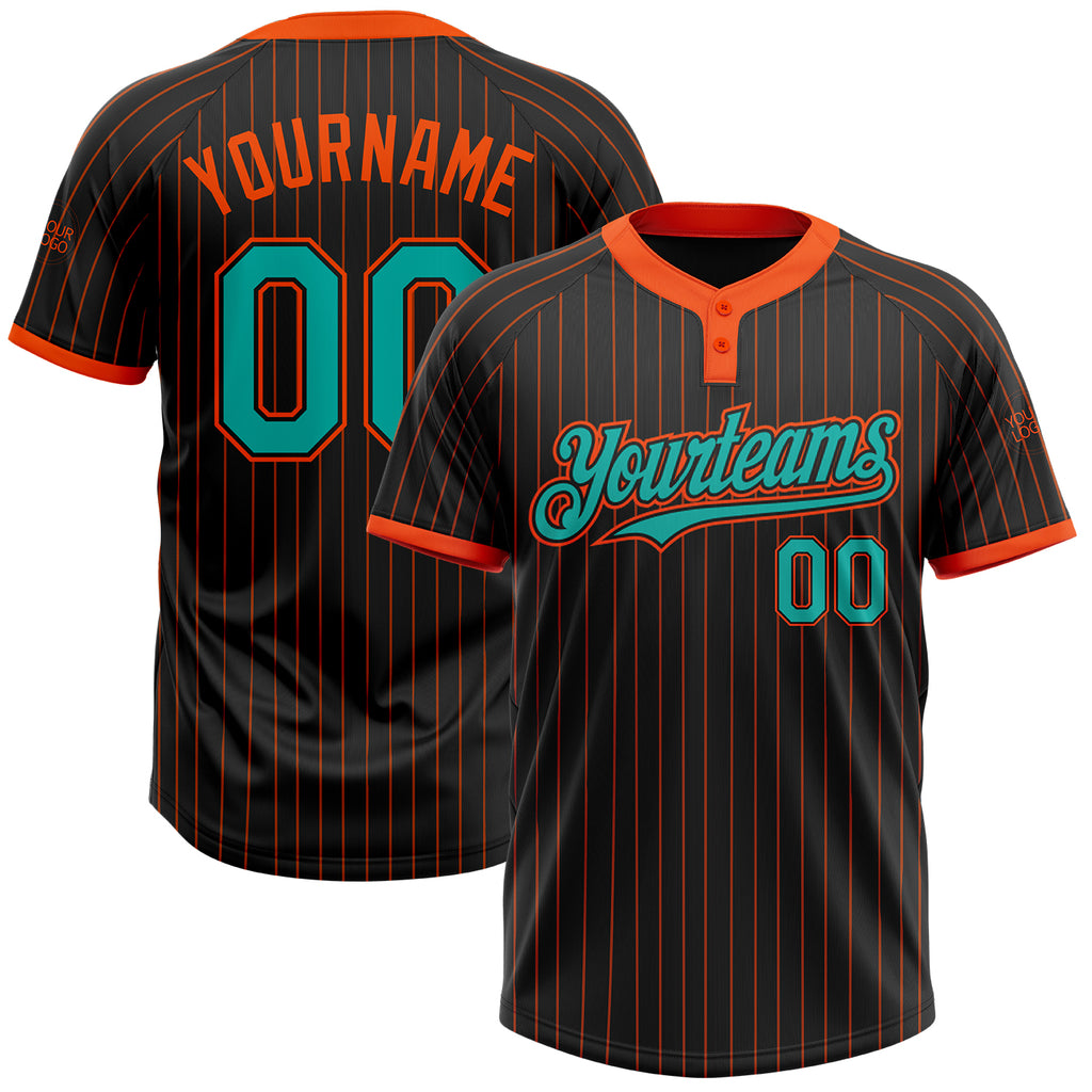 Custom Black Orange Pinstripe Aqua Two-Button Unisex Softball Jersey