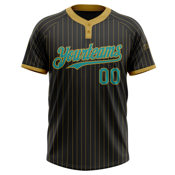 Custom Black Old Gold Pinstripe Teal Two-Button Unisex Softball Jersey