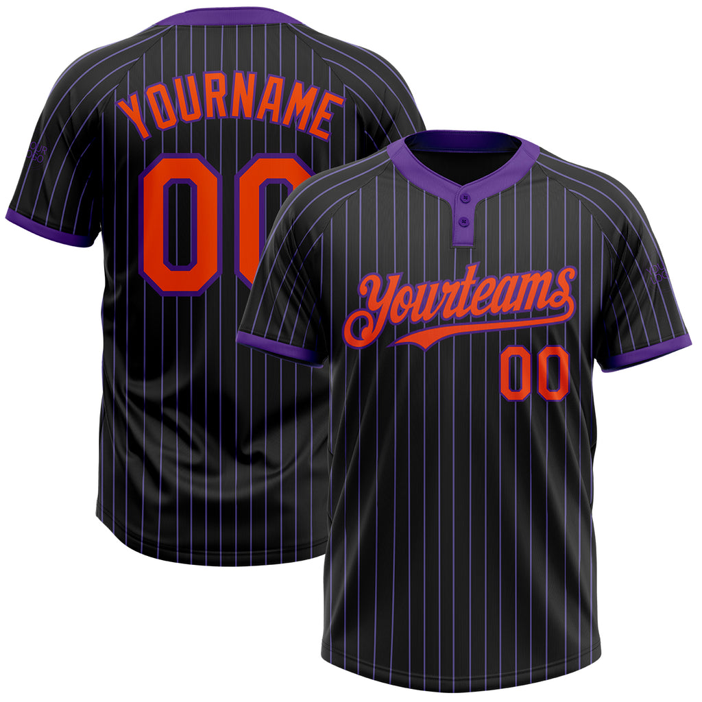 Custom Black Purple Pinstripe Orange Two-Button Unisex Softball Jersey