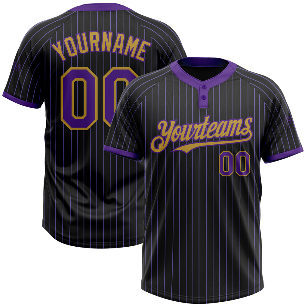 Custom Black Purple Pinstripe Old Gold Two-Button Unisex Softball Jersey