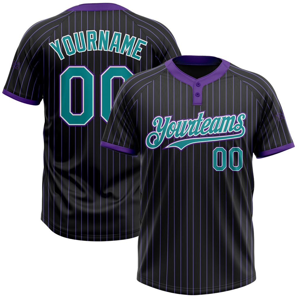 Custom Black Purple Pinstripe Teal-White Two-Button Unisex Softball Jersey